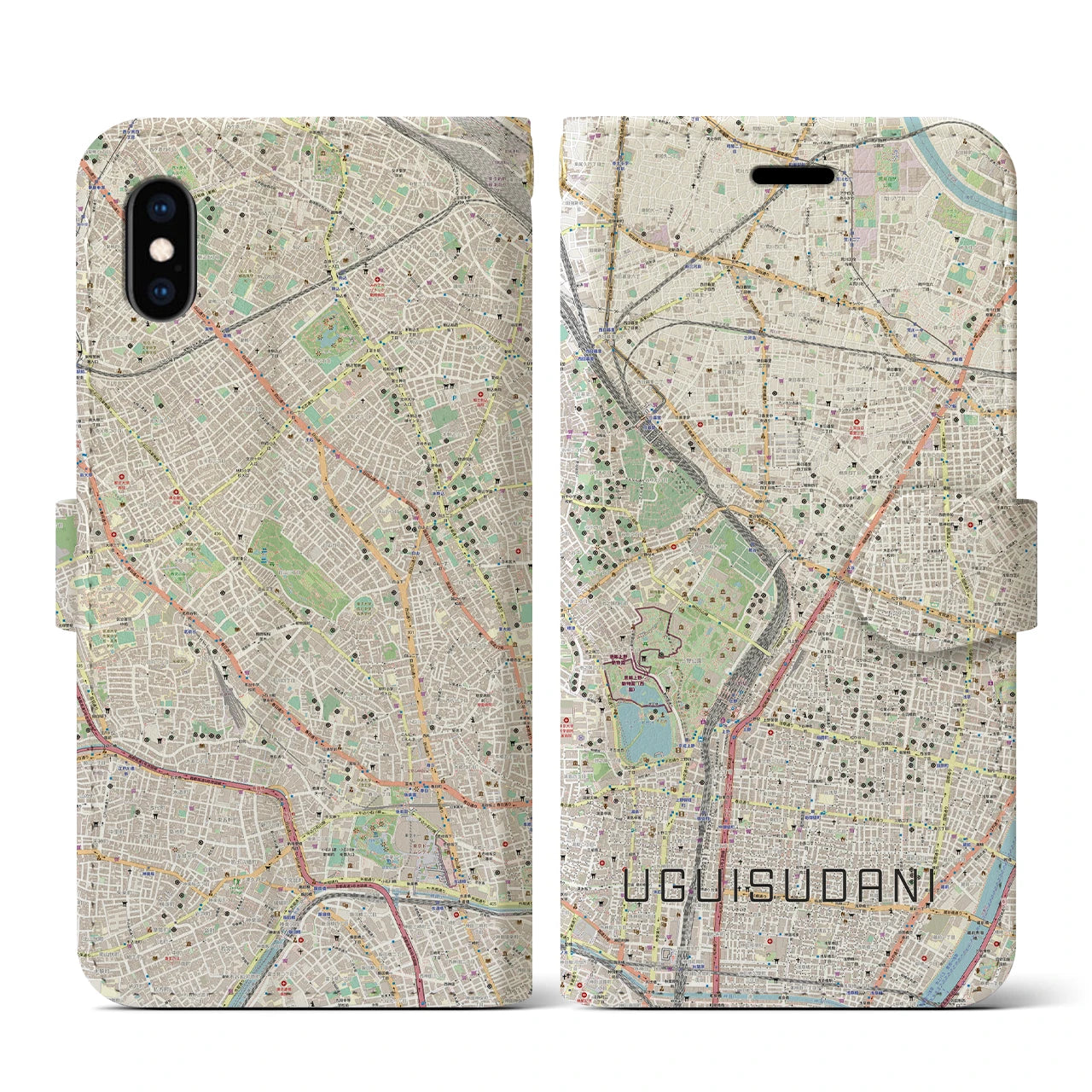 【鶯谷】地図柄iPhoneケース（手帳両面タイプ・ナチュラル）iPhone XS / X 用