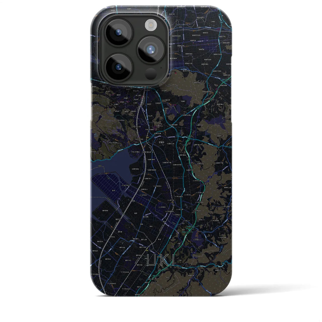 【宇城】地図柄iPhoneケース（バックカバータイプ・ブラック）iPhone 15 Pro Max 用