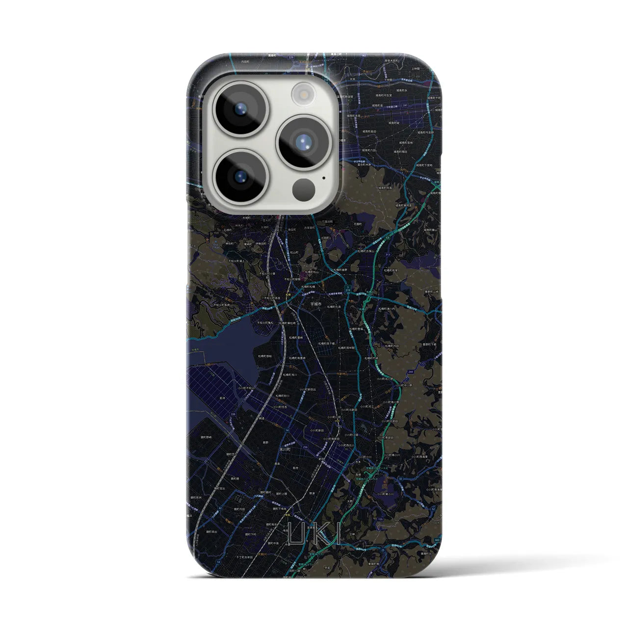 【宇城】地図柄iPhoneケース（バックカバータイプ・ブラック）iPhone 15 Pro 用