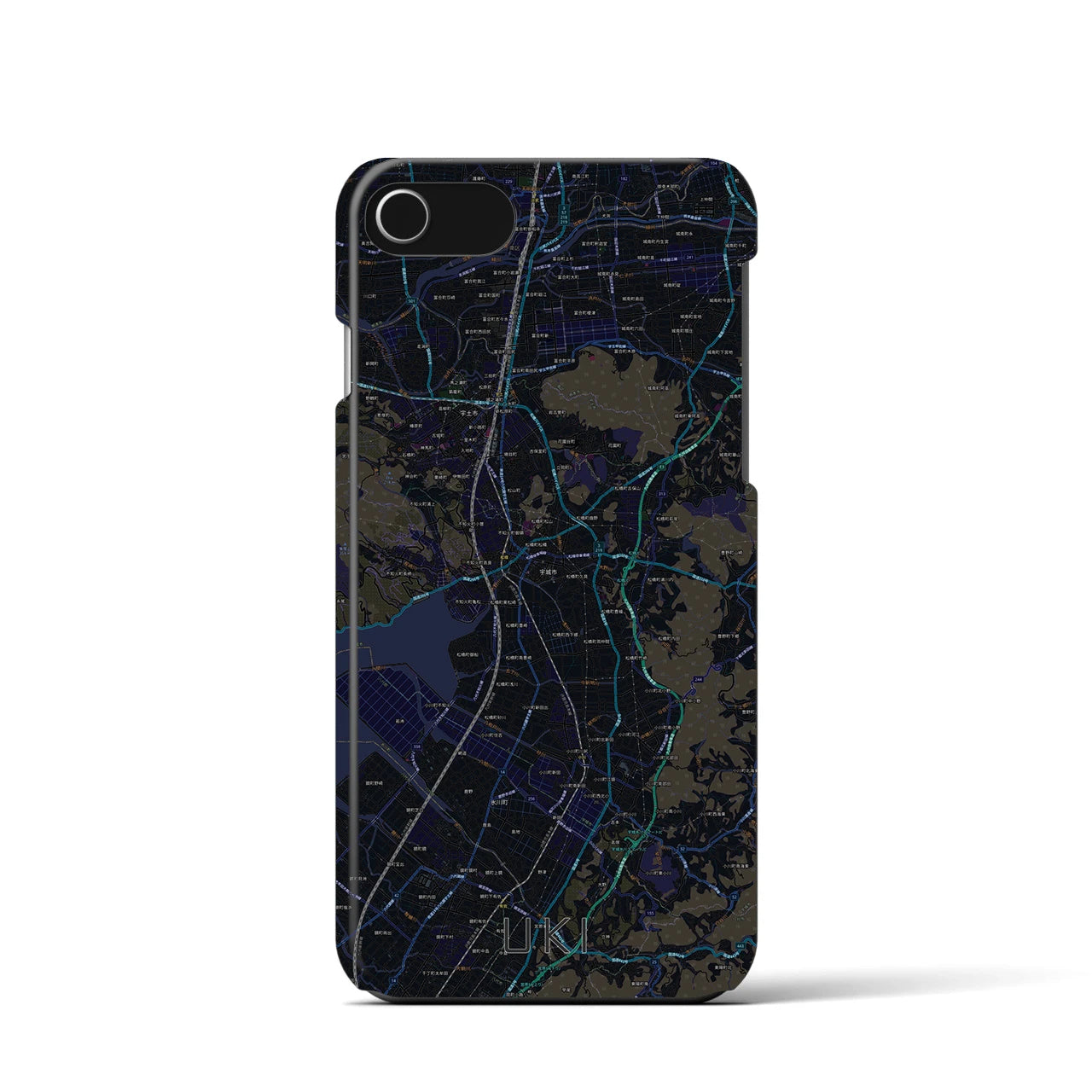 【宇城】地図柄iPhoneケース（バックカバータイプ・ブラック）iPhone SE（第3 / 第2世代） / 8 / 7 / 6s / 6 用