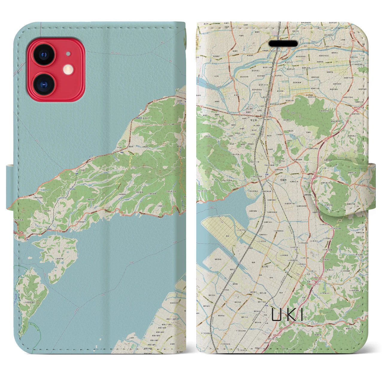 【宇城】地図柄iPhoneケース（手帳両面タイプ・ナチュラル）iPhone 11 用