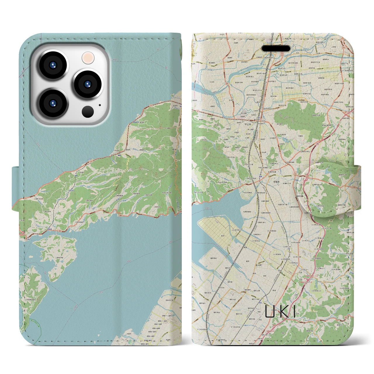 【宇城】地図柄iPhoneケース（手帳両面タイプ・ナチュラル）iPhone 13 Pro 用