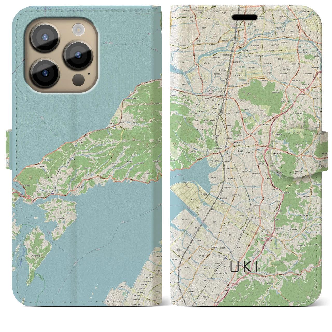 【宇城】地図柄iPhoneケース（手帳両面タイプ・ナチュラル）iPhone 14 Pro Max 用