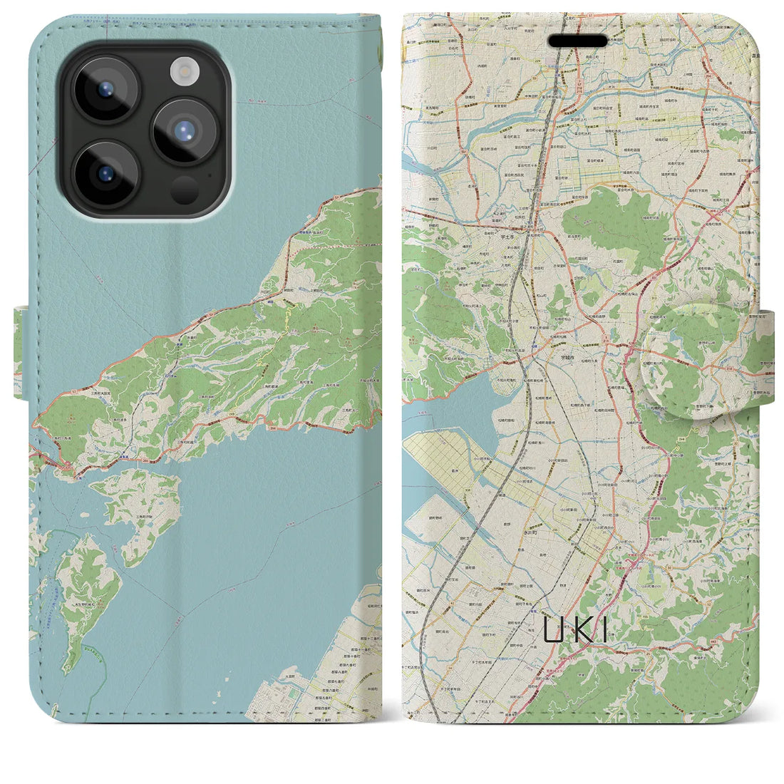 【宇城】地図柄iPhoneケース（手帳両面タイプ・ナチュラル）iPhone 15 Pro Max 用