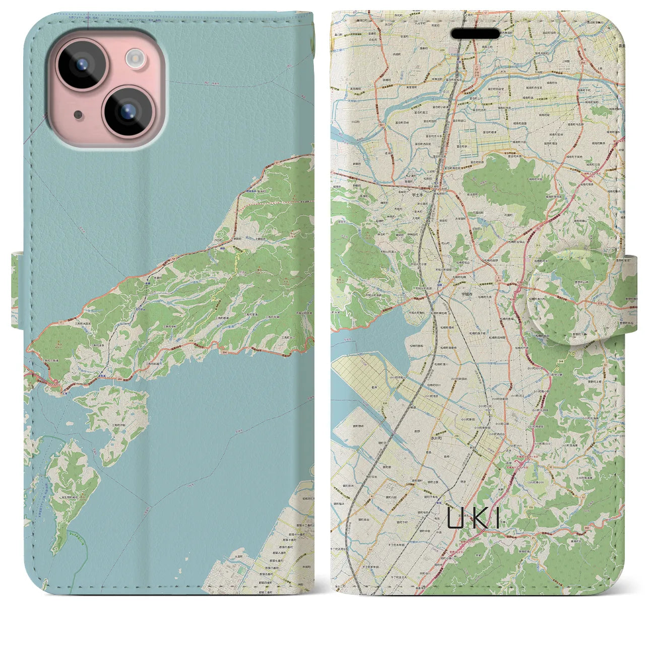 【宇城】地図柄iPhoneケース（手帳両面タイプ・ナチュラル）iPhone 15 Plus 用
