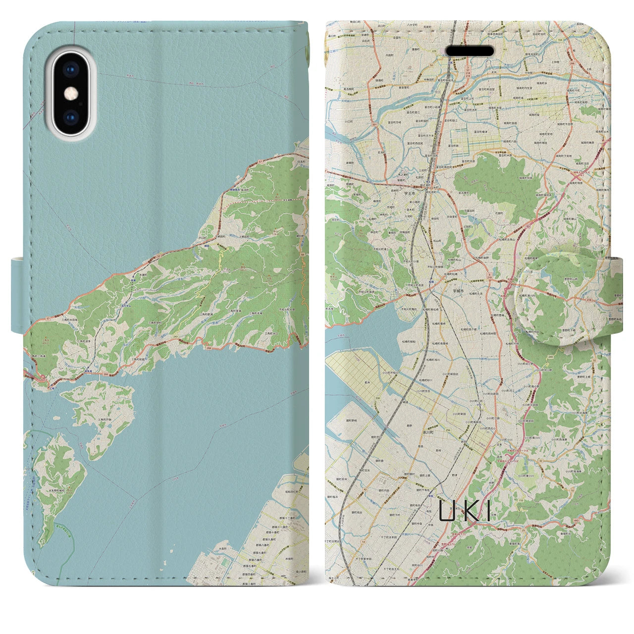【宇城】地図柄iPhoneケース（手帳両面タイプ・ナチュラル）iPhone XS Max 用