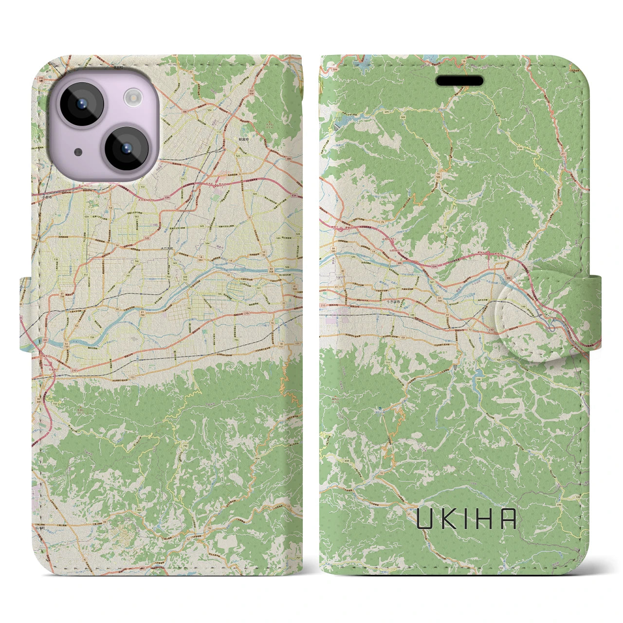 【うきは】地図柄iPhoneケース（手帳両面タイプ・ナチュラル）iPhone 14 用