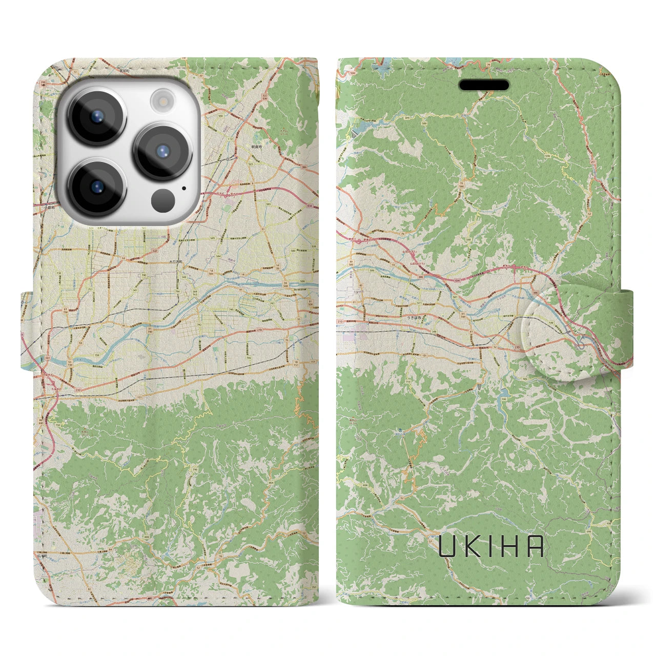 【うきは】地図柄iPhoneケース（手帳両面タイプ・ナチュラル）iPhone 14 Pro 用