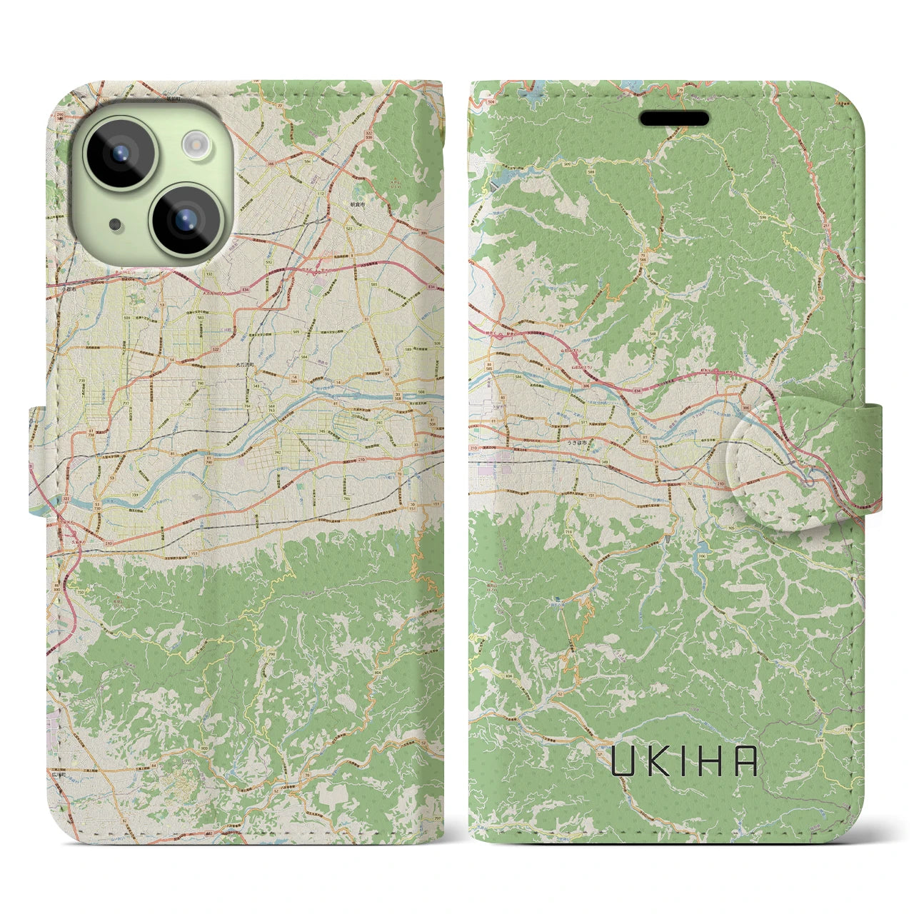 【うきは】地図柄iPhoneケース（手帳両面タイプ・ナチュラル）iPhone 15 用