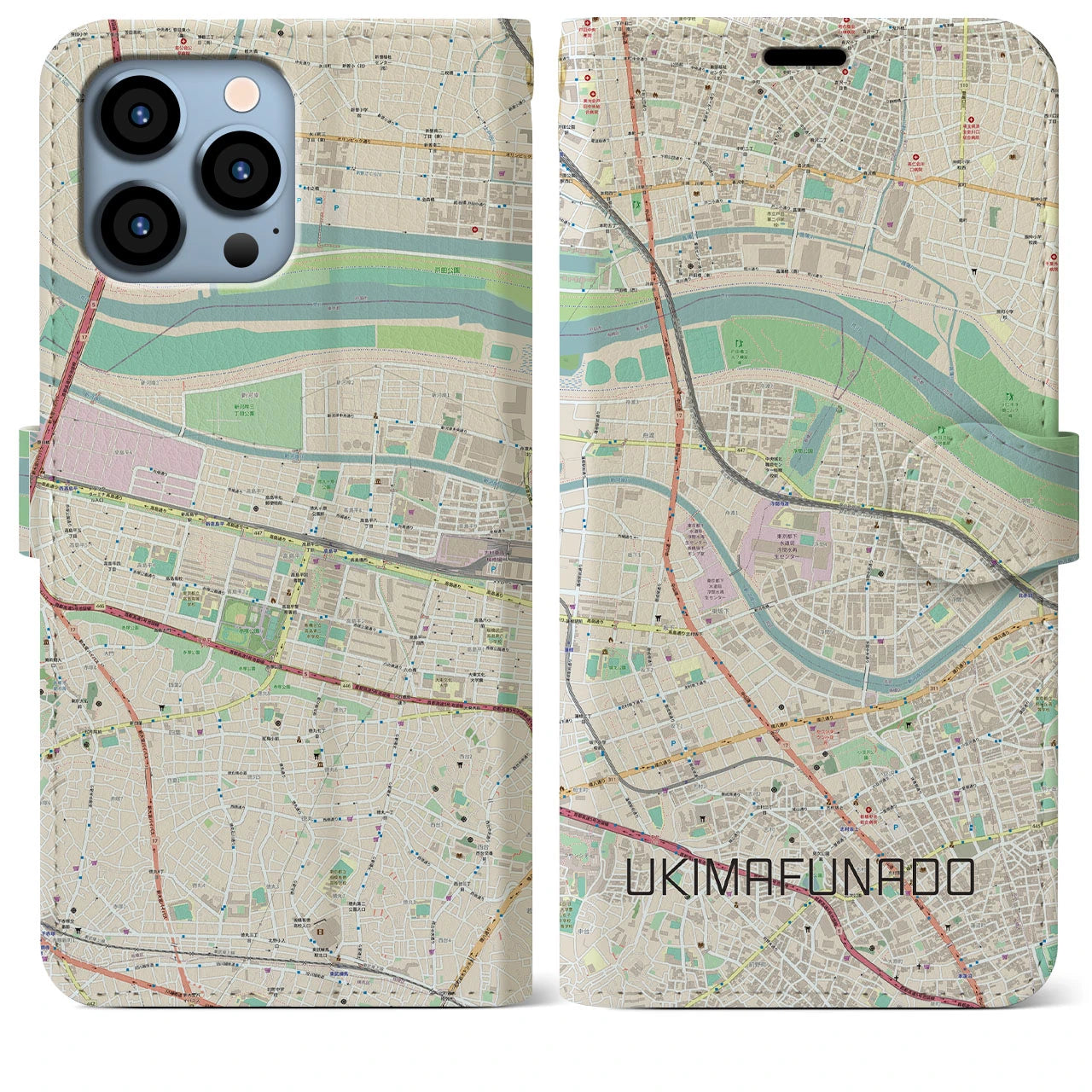 【浮間舟渡】地図柄iPhoneケース（手帳両面タイプ・ナチュラル）iPhone 13 Pro Max 用