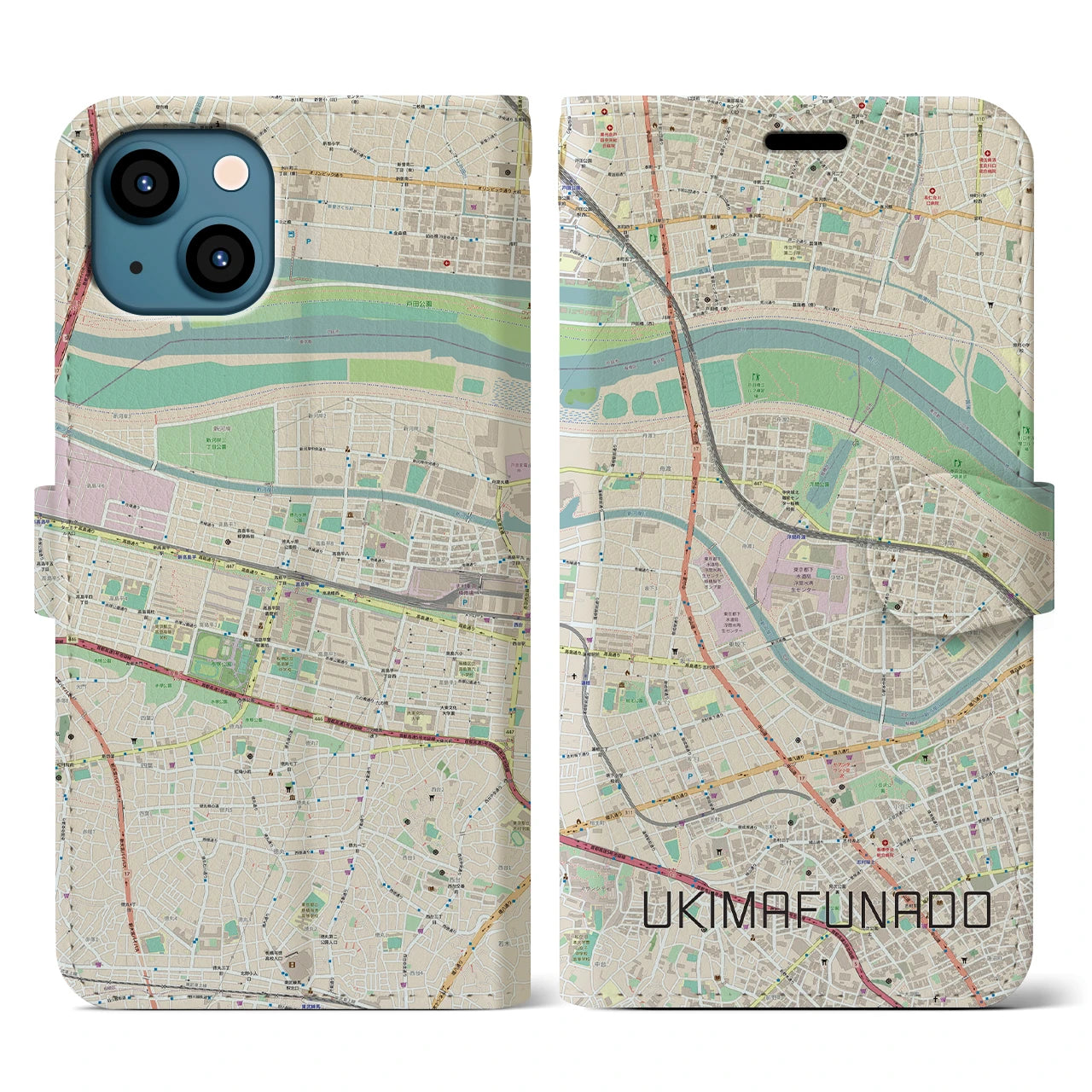 【浮間舟渡】地図柄iPhoneケース（手帳両面タイプ・ナチュラル）iPhone 13 Pro 用