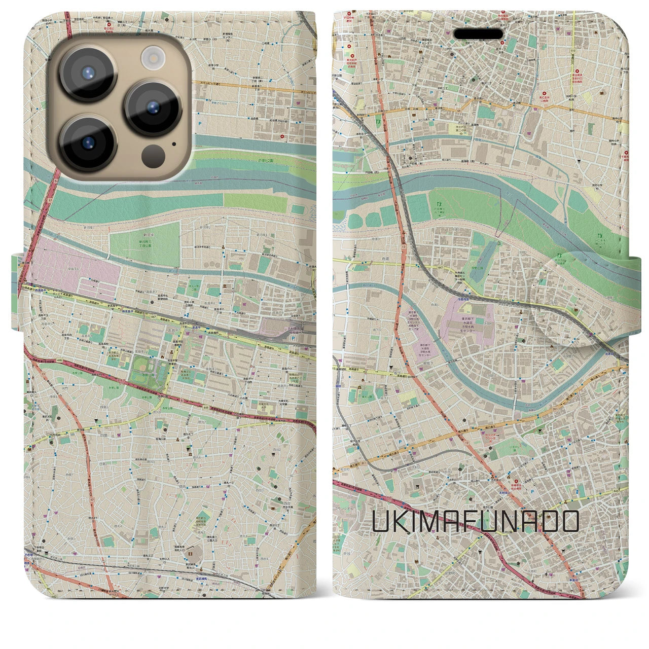 【浮間舟渡】地図柄iPhoneケース（手帳両面タイプ・ナチュラル）iPhone 14 Pro Max 用