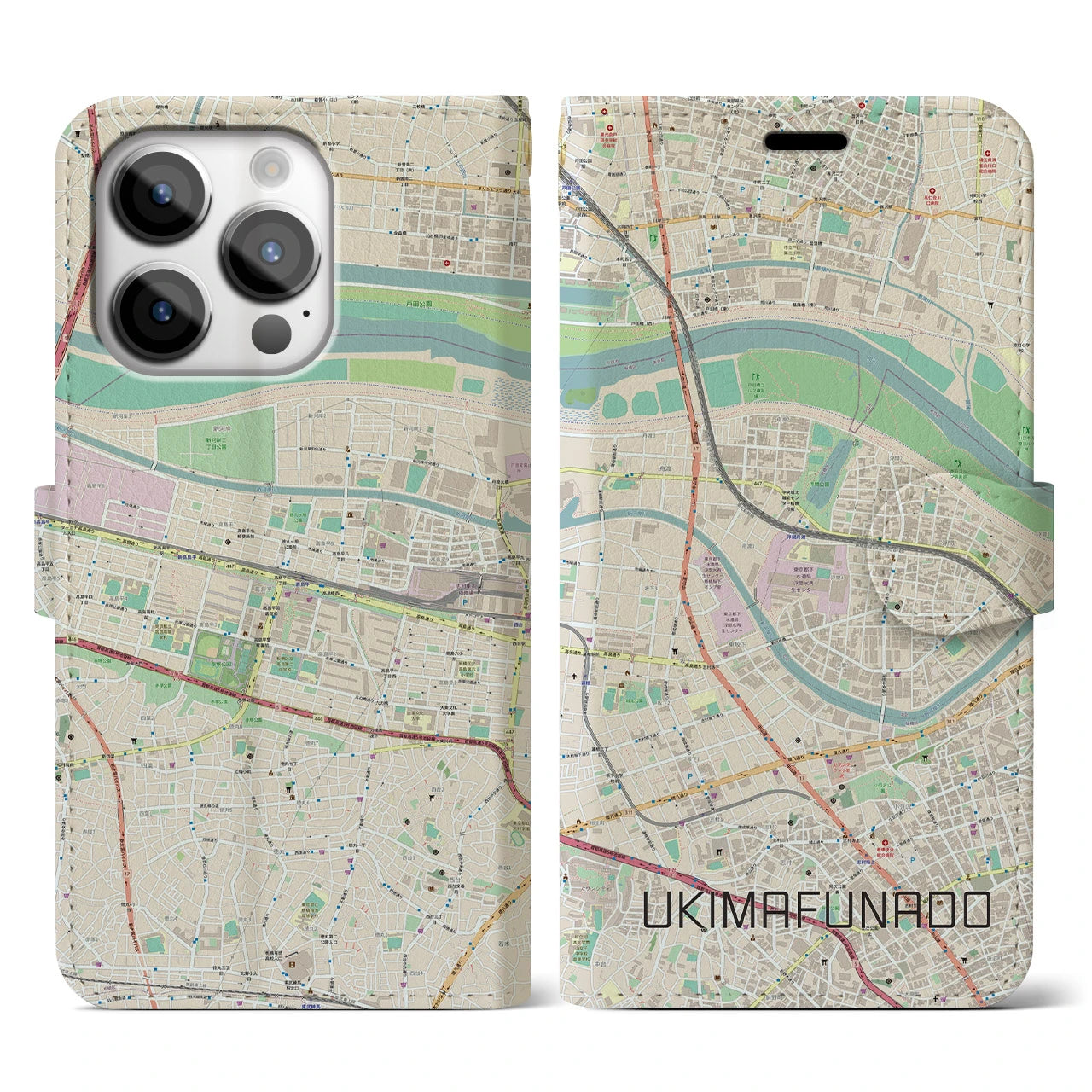 【浮間舟渡】地図柄iPhoneケース（手帳両面タイプ・ナチュラル）iPhone 14 Pro 用