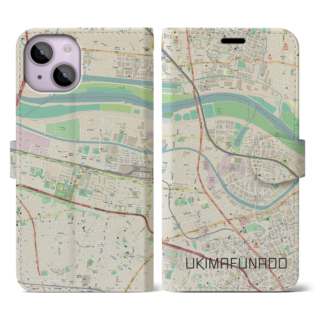 【浮間舟渡】地図柄iPhoneケース（手帳両面タイプ・ナチュラル）iPhone 14 用