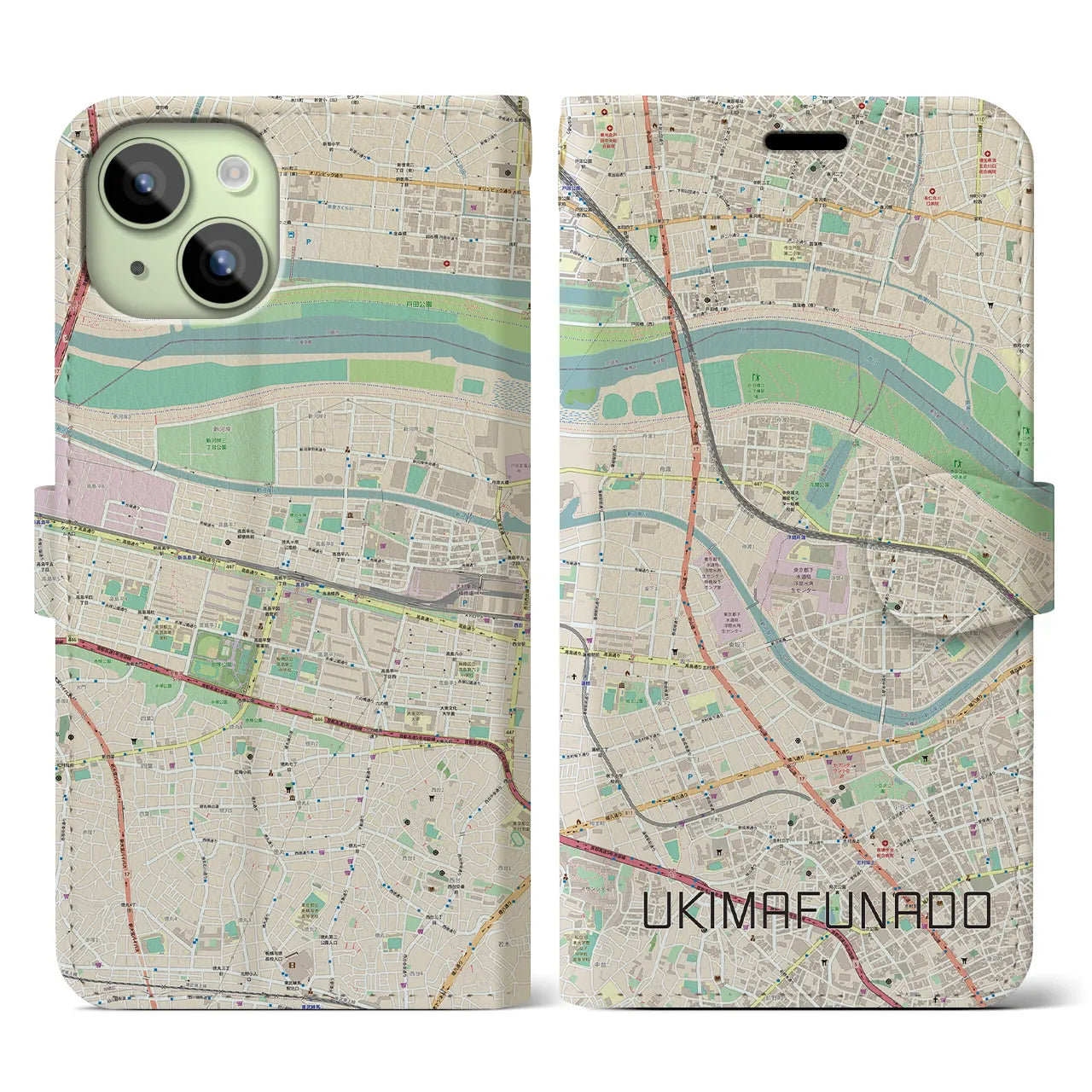 【浮間舟渡】地図柄iPhoneケース（手帳両面タイプ・ナチュラル）iPhone 15 用