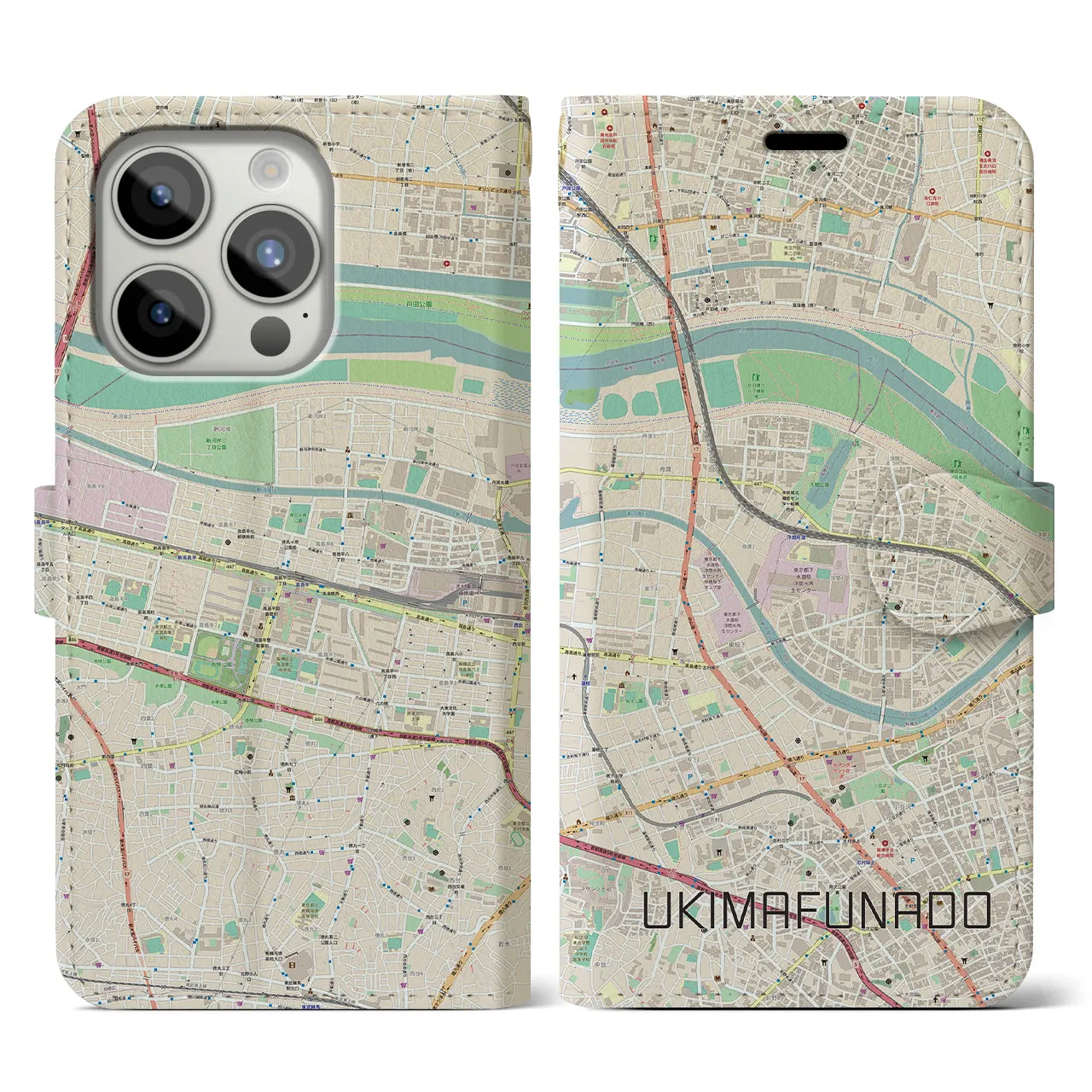 【浮間舟渡】地図柄iPhoneケース（手帳両面タイプ・ナチュラル）iPhone 15 Pro 用