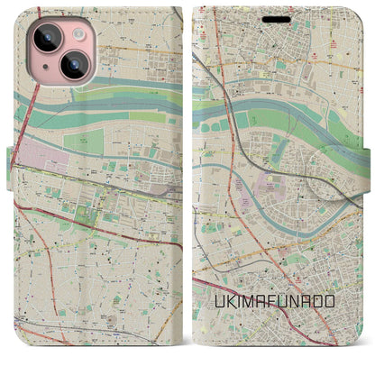 【浮間舟渡（東京都）】地図柄iPhoneケース（手帳タイプ）ナチュラル・iPhone 15 Plus 用