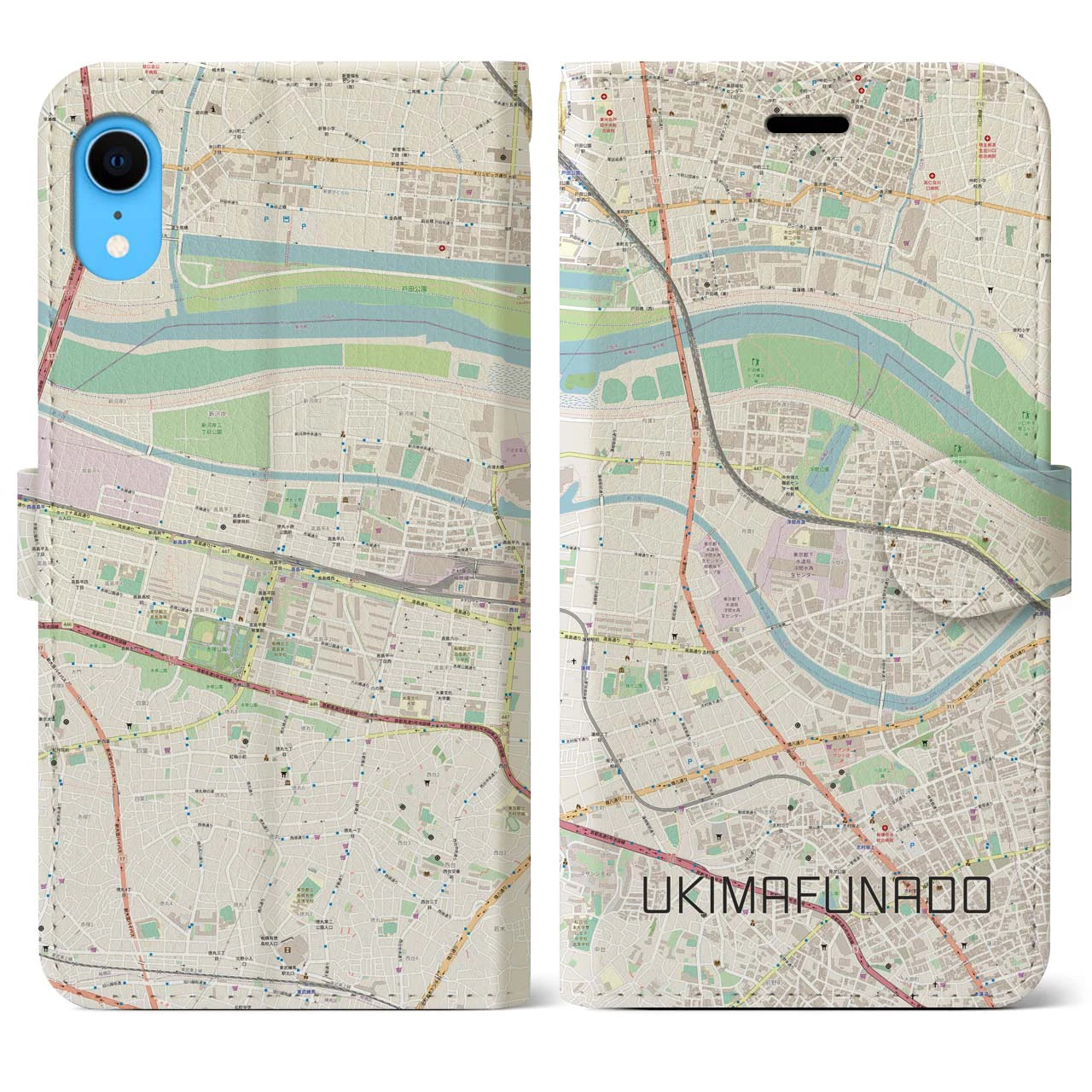 【浮間舟渡】地図柄iPhoneケース（手帳両面タイプ・ナチュラル）iPhone XR 用
