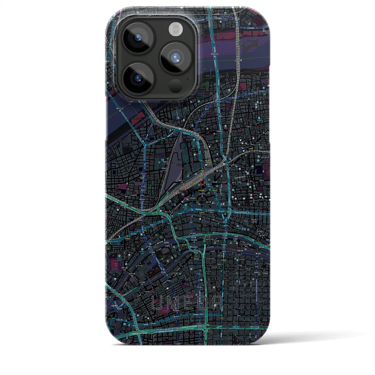 【梅田】地図柄iPhoneケース（バックカバータイプ・ブラック）iPhone 15 Pro Max 用