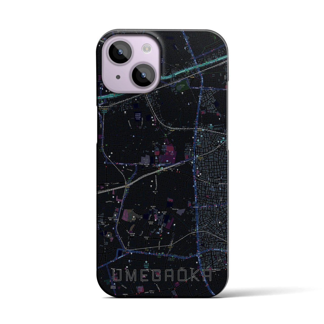 【梅ヶ丘】地図柄iPhoneケース（バックカバータイプ・ブラック）iPhone 14 用
