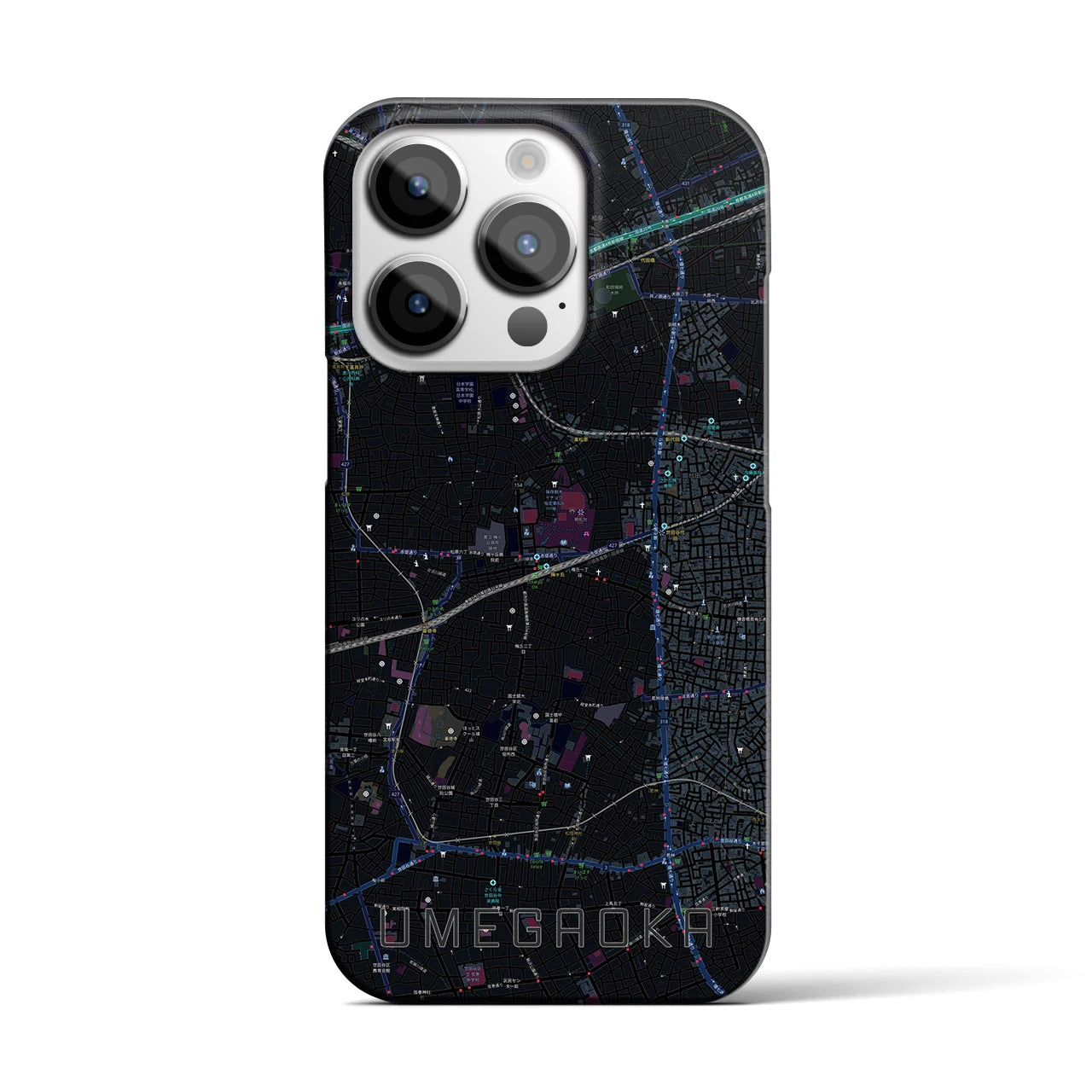 【梅ヶ丘】地図柄iPhoneケース（バックカバータイプ・ブラック）iPhone 14 Pro 用