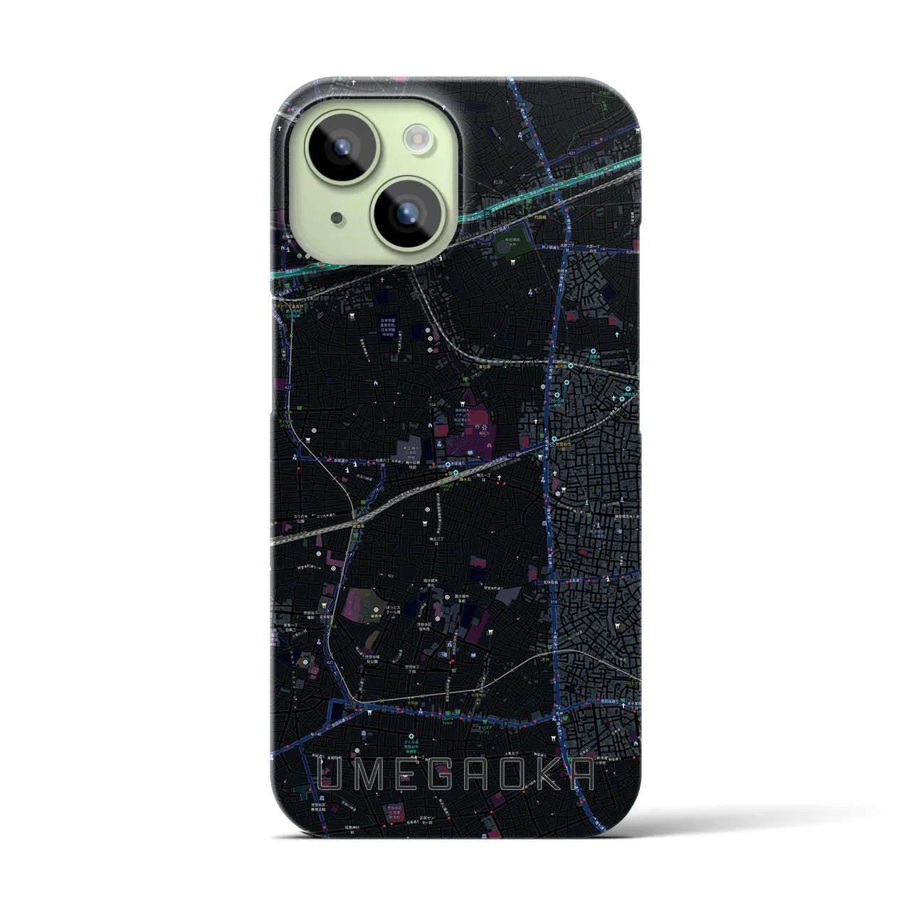 【梅ヶ丘】地図柄iPhoneケース（バックカバータイプ・ブラック）iPhone 15 用