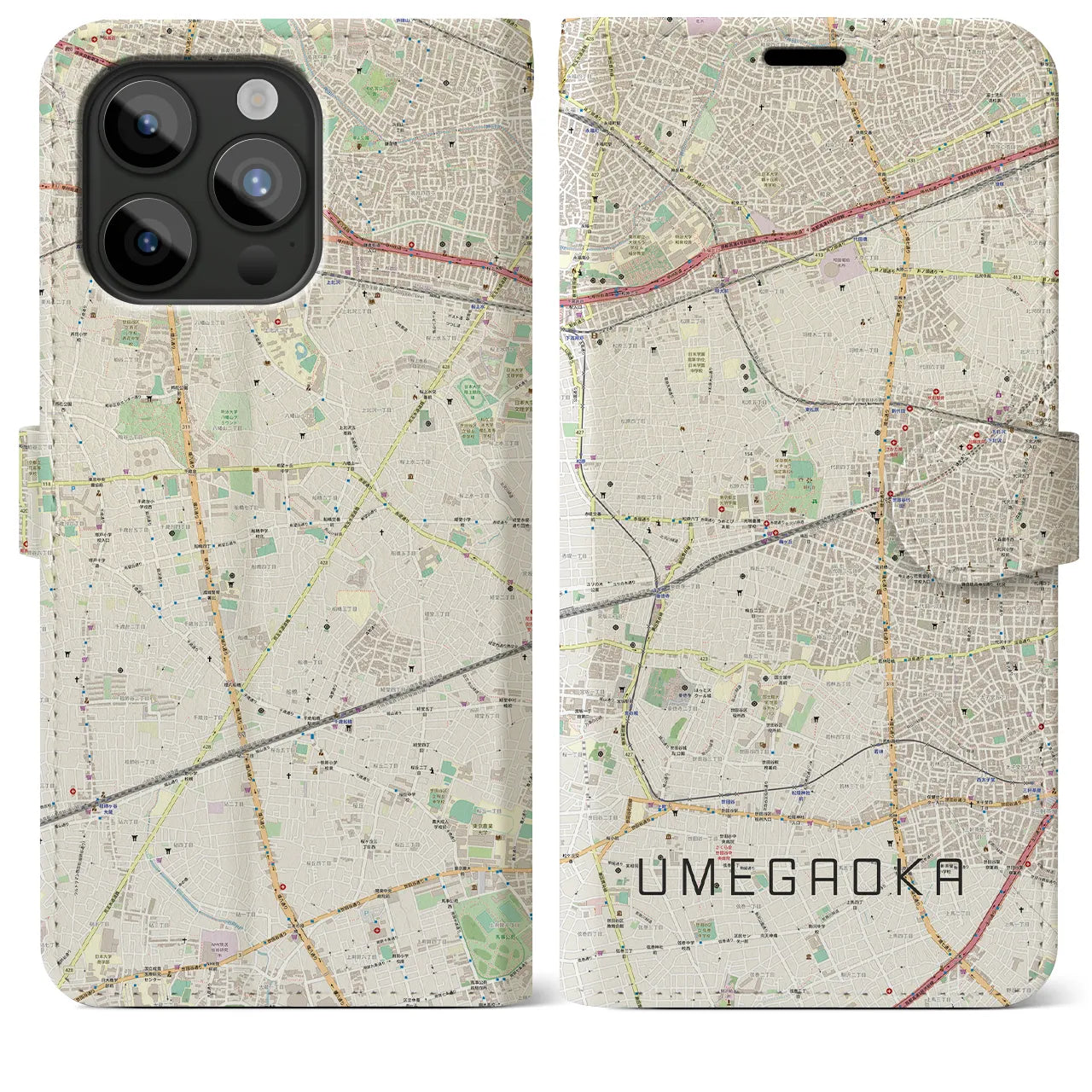【梅ヶ丘】地図柄iPhoneケース（手帳両面タイプ・ナチュラル）iPhone 15 Pro Max 用
