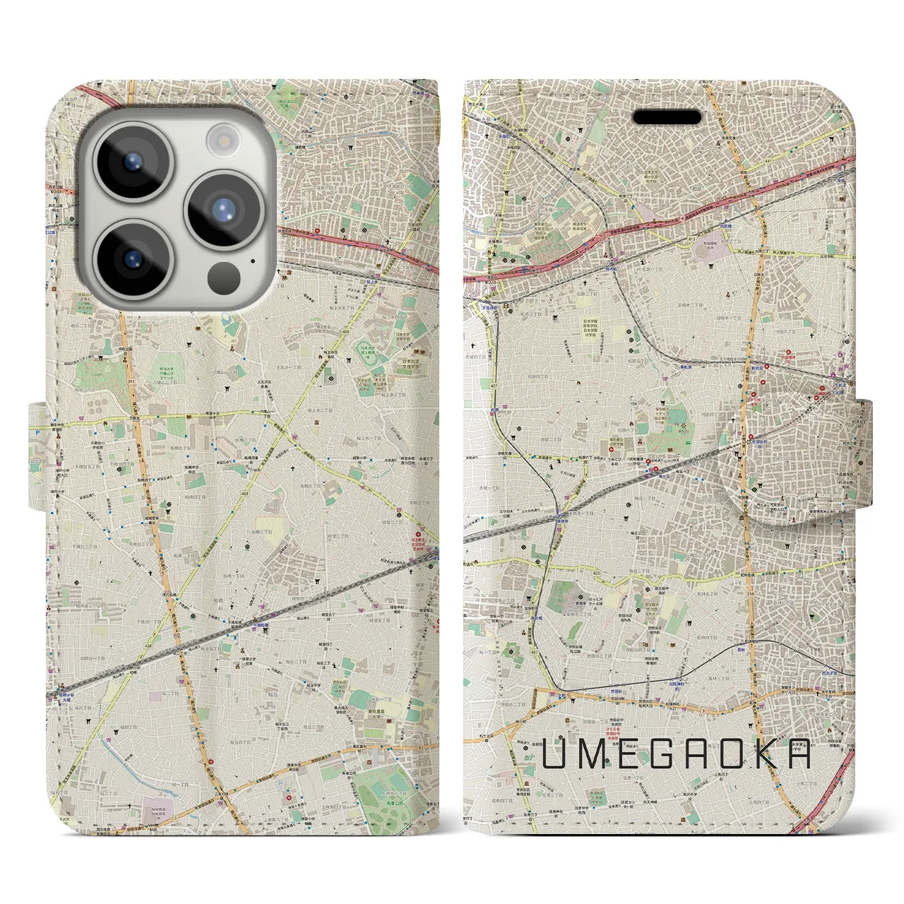 【梅ヶ丘】地図柄iPhoneケース（手帳両面タイプ・ナチュラル）iPhone 15 Pro 用