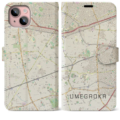 【梅ヶ丘（東京都）】地図柄iPhoneケース（手帳タイプ）ナチュラル・iPhone 15 Plus 用
