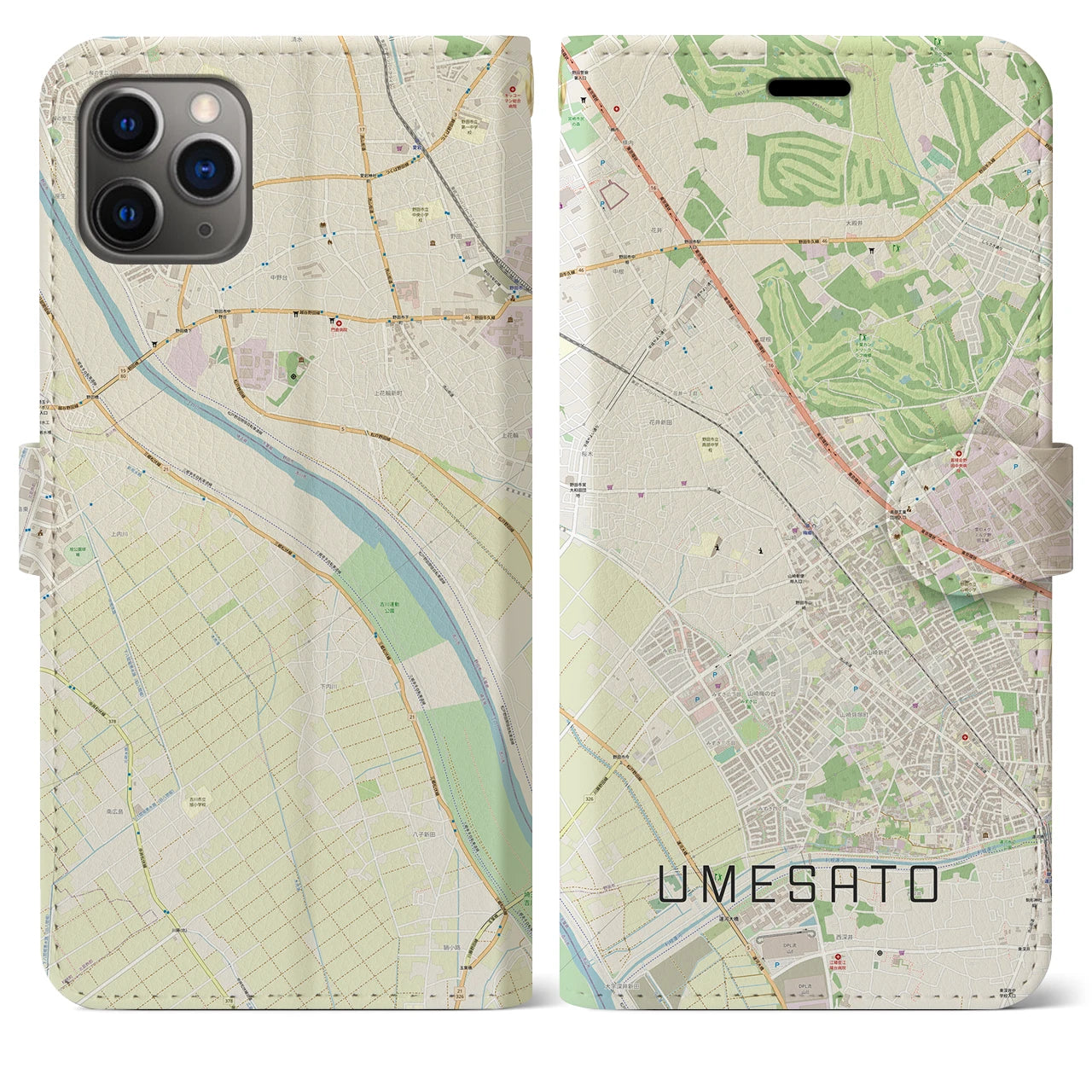 【梅郷】地図柄iPhoneケース（手帳両面タイプ・ナチュラル）iPhone 11 Pro Max 用