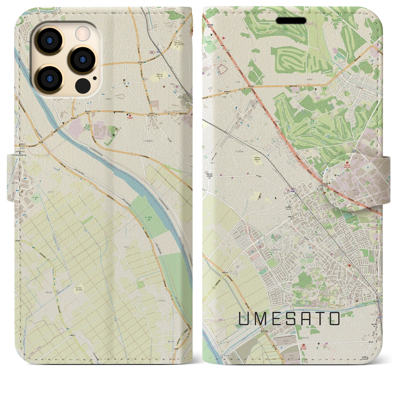 【梅郷】地図柄iPhoneケース（手帳両面タイプ・ナチュラル）iPhone 12 Pro Max 用