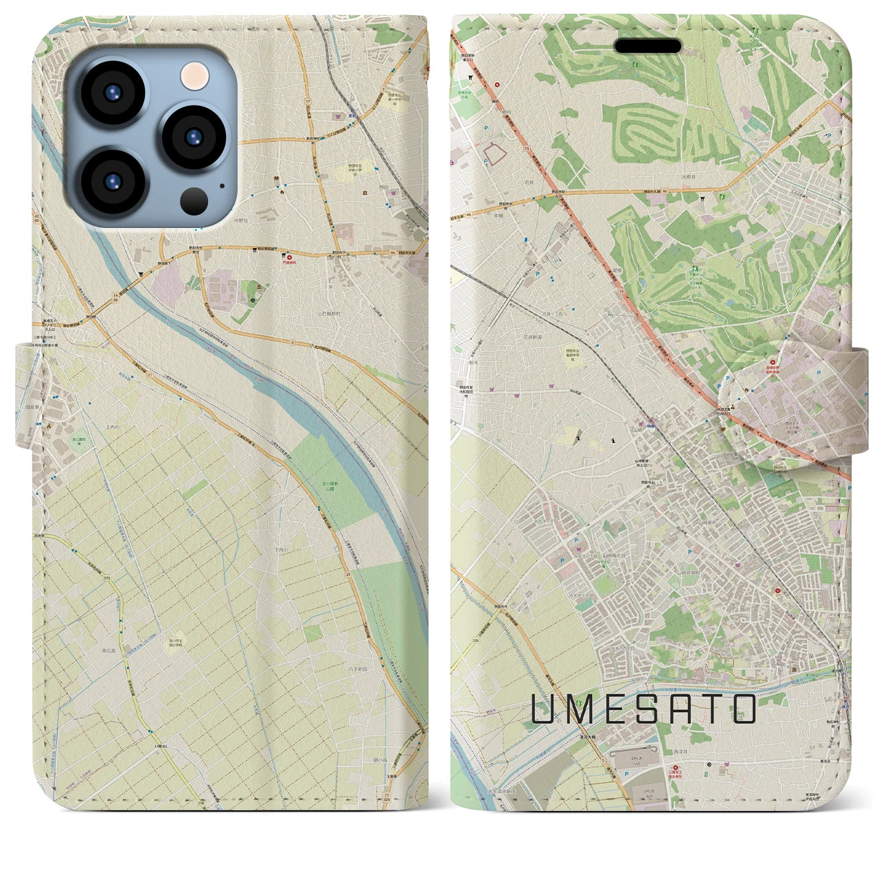 【梅郷】地図柄iPhoneケース（手帳両面タイプ・ナチュラル）iPhone 13 Pro Max 用
