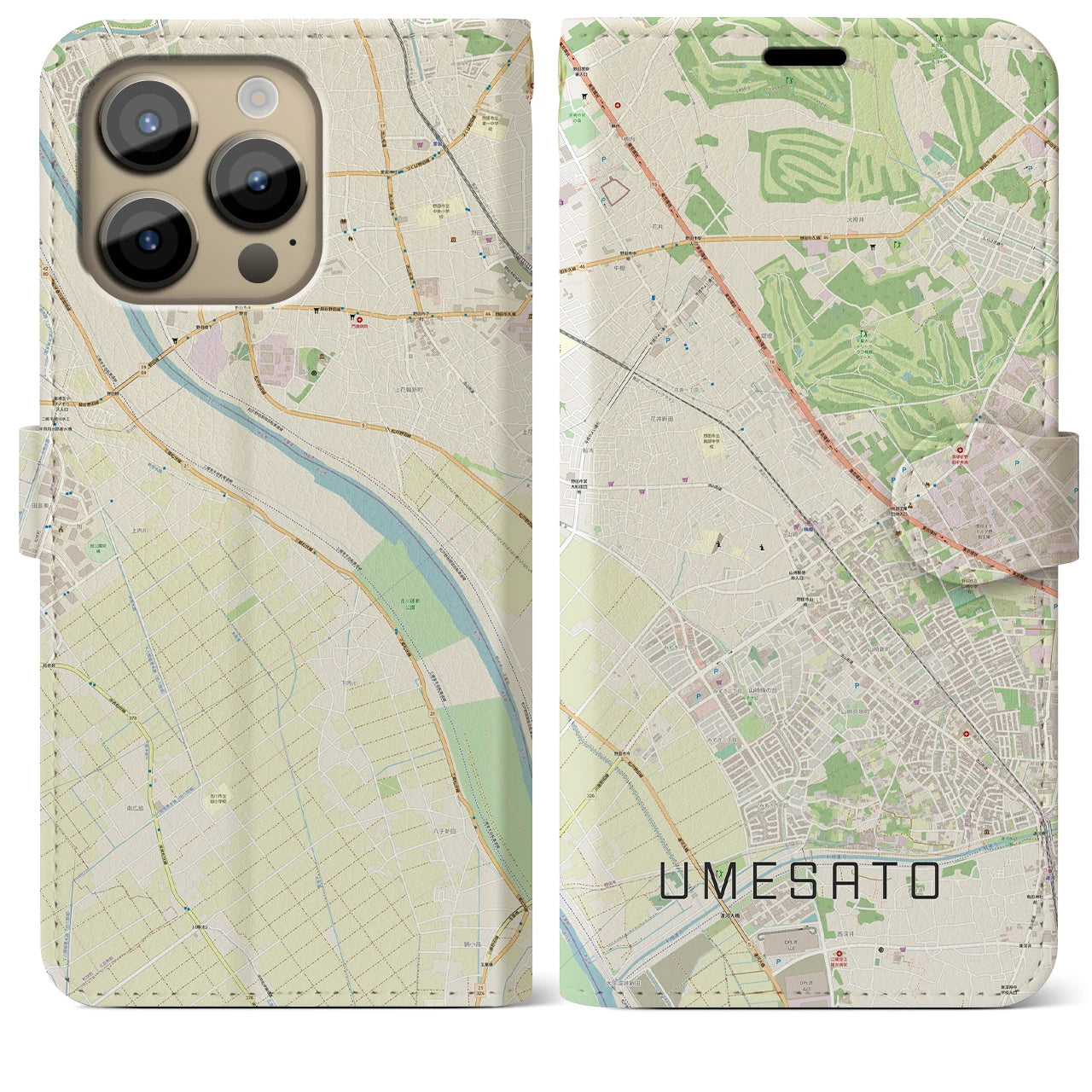 【梅郷】地図柄iPhoneケース（手帳両面タイプ・ナチュラル）iPhone 14 Pro Max 用