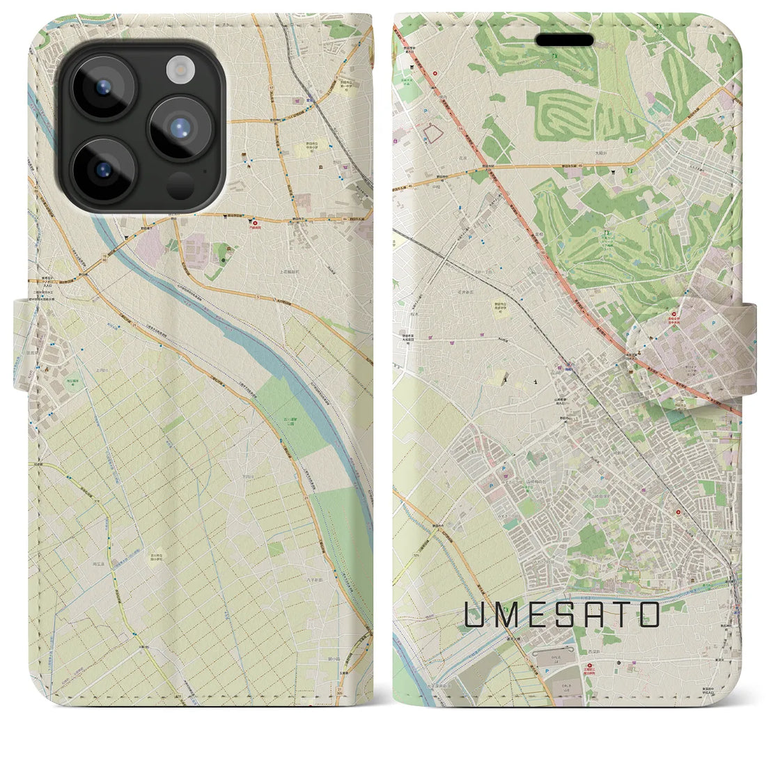 【梅郷】地図柄iPhoneケース（手帳両面タイプ・ナチュラル）iPhone 15 Pro Max 用