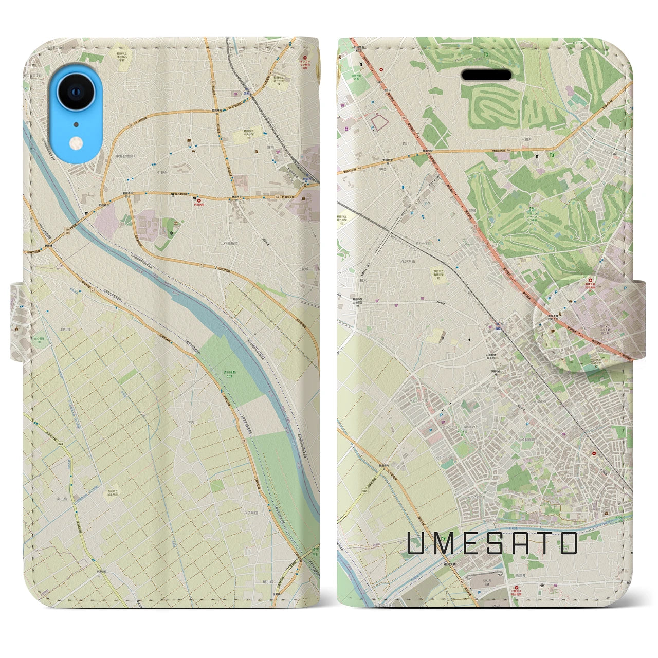 【梅郷】地図柄iPhoneケース（手帳両面タイプ・ナチュラル）iPhone XR 用