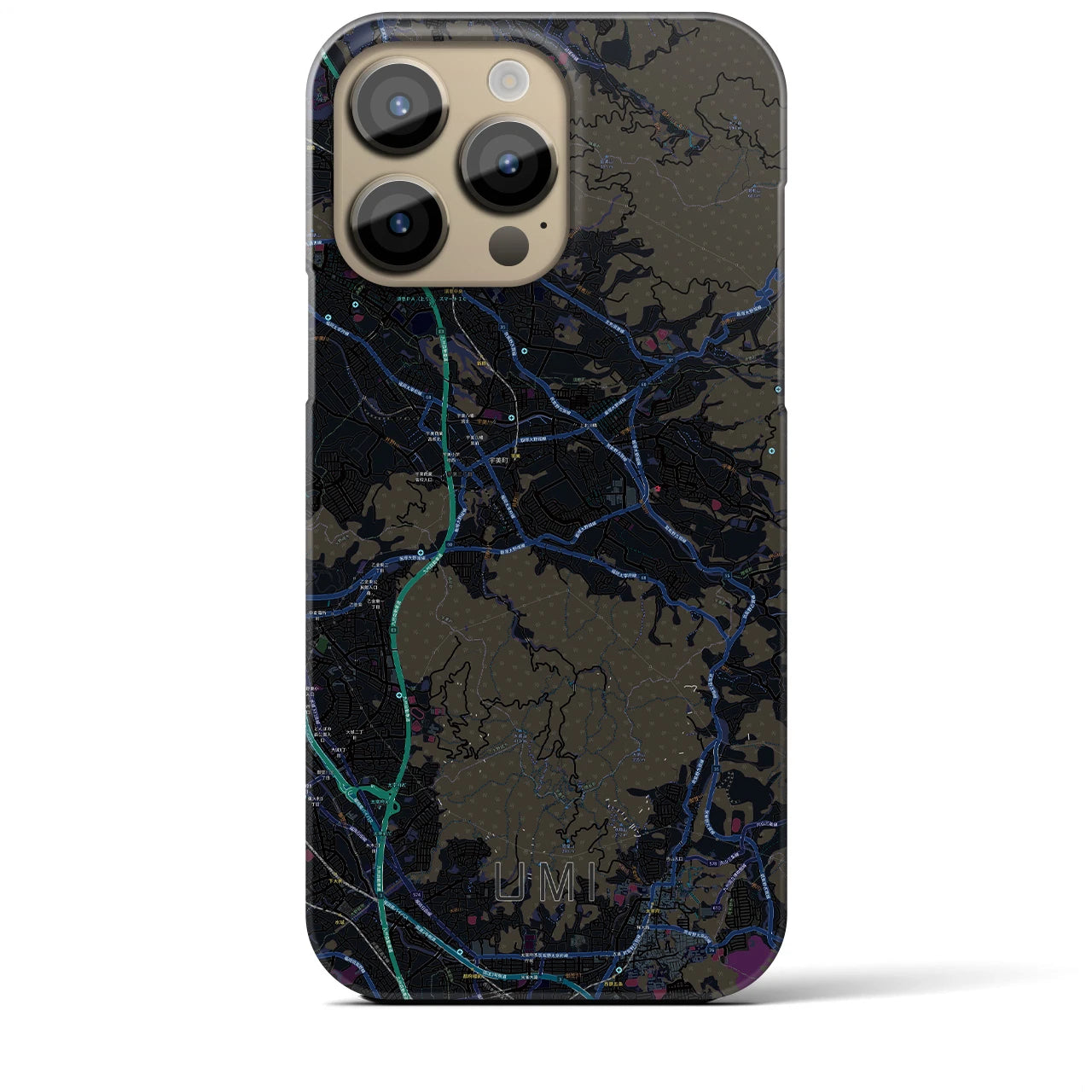 【宇美】地図柄iPhoneケース（バックカバータイプ・ブラック）iPhone 14 Pro Max 用