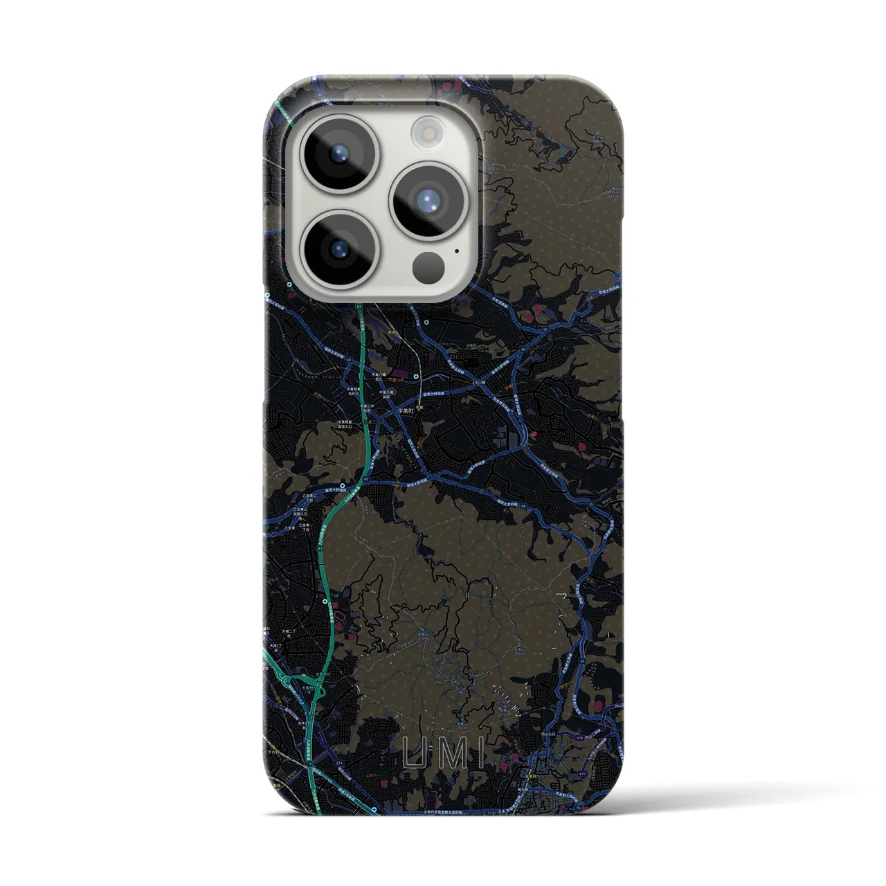 【宇美】地図柄iPhoneケース（バックカバータイプ・ブラック）iPhone 15 Pro 用