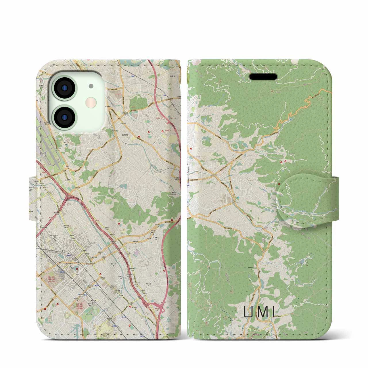 【宇美】地図柄iPhoneケース（手帳両面タイプ・ナチュラル）iPhone 12 mini 用
