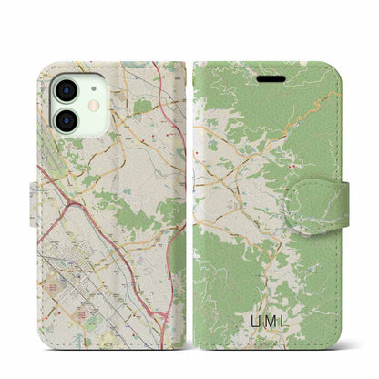 【宇美（福岡県）】地図柄iPhoneケース（手帳タイプ）ナチュラル・iPhone 12 mini 用