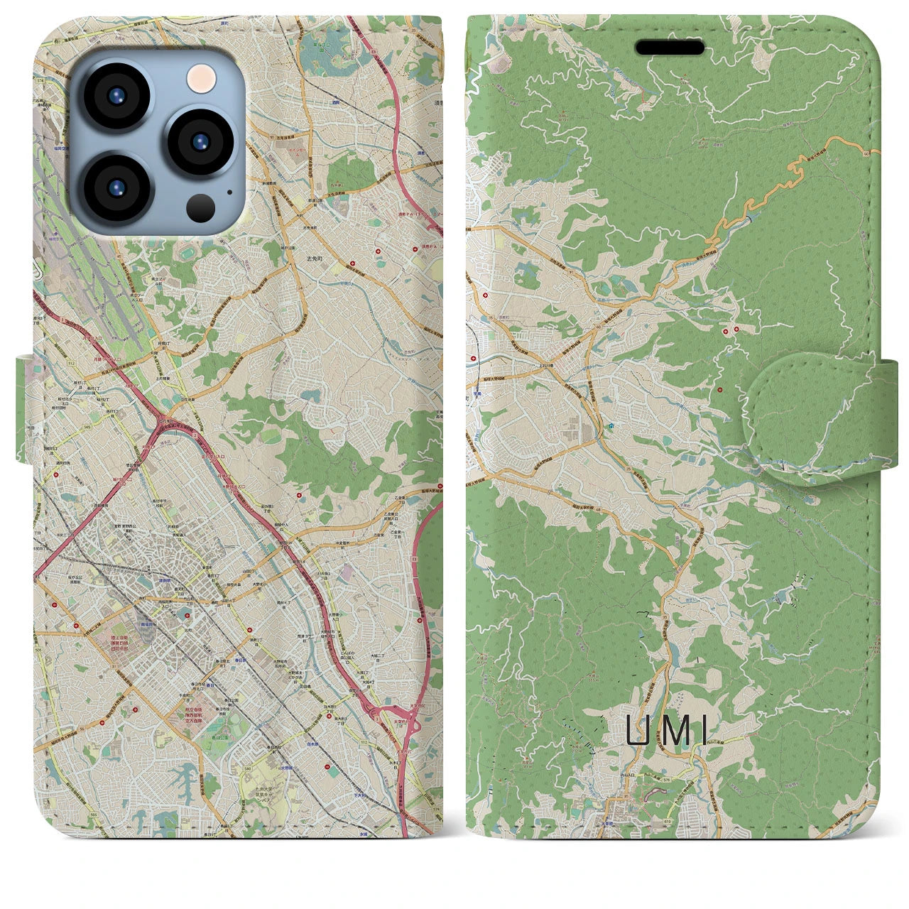 【宇美】地図柄iPhoneケース（手帳両面タイプ・ナチュラル）iPhone 13 Pro Max 用