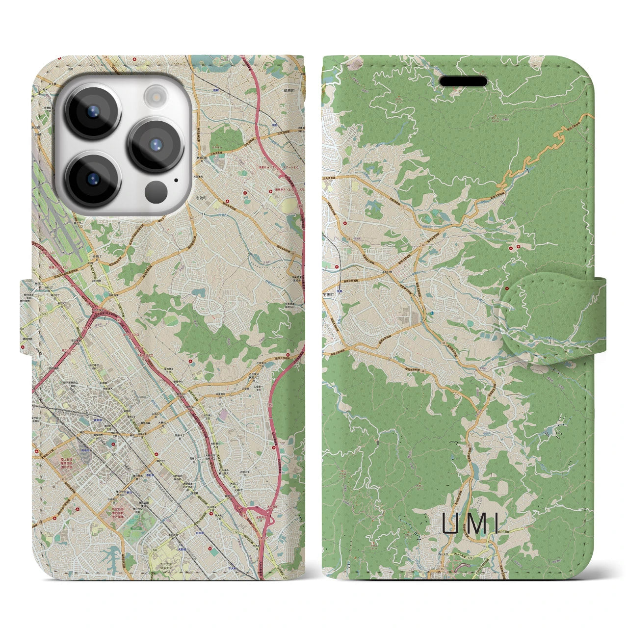【宇美】地図柄iPhoneケース（手帳両面タイプ・ナチュラル）iPhone 14 Pro 用