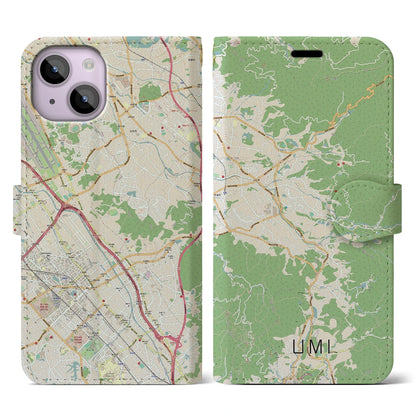 【宇美（福岡県）】地図柄iPhoneケース（手帳タイプ）ナチュラル・iPhone 14 用