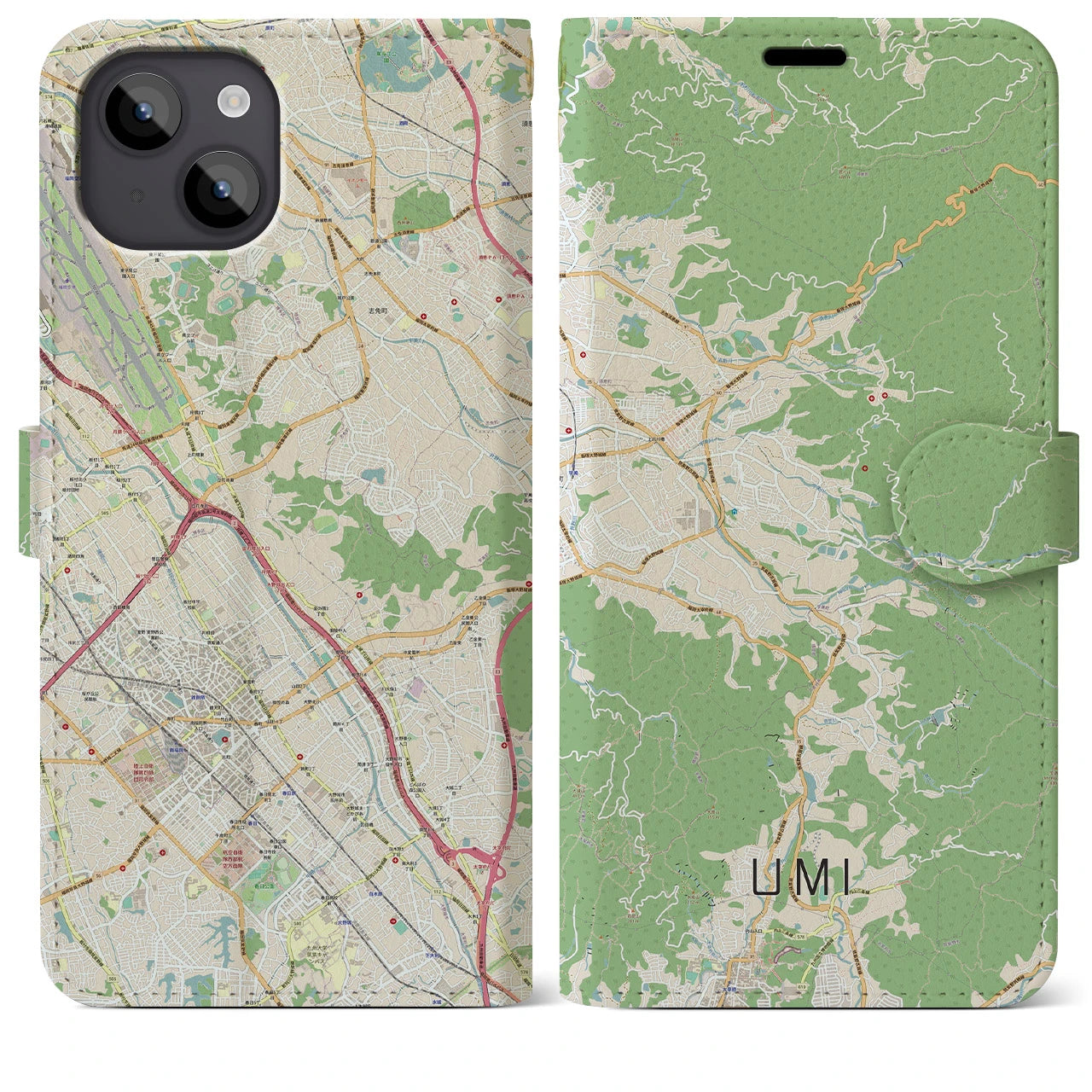 【宇美】地図柄iPhoneケース（手帳両面タイプ・ナチュラル）iPhone 14 Plus 用