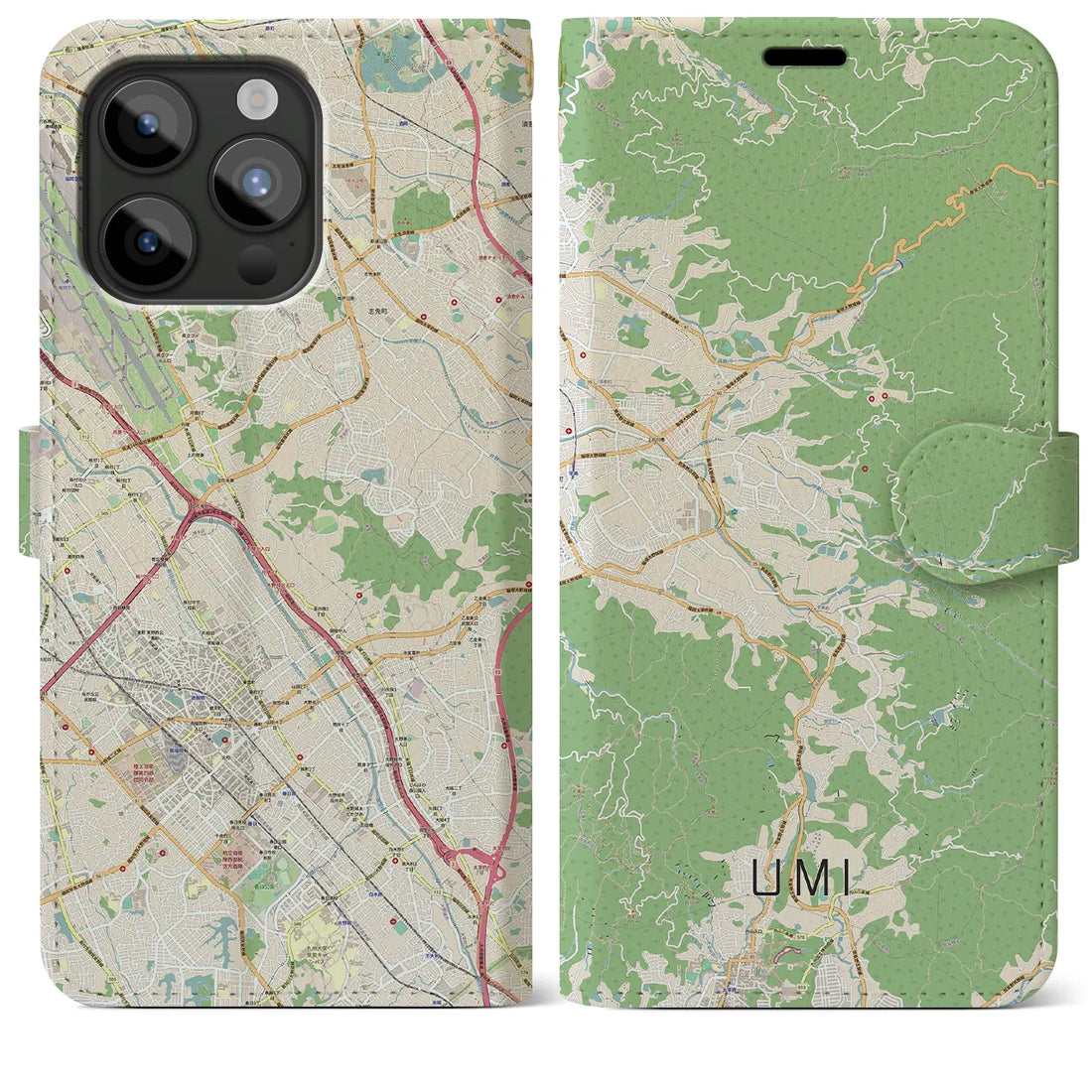 【宇美】地図柄iPhoneケース（手帳両面タイプ・ナチュラル）iPhone 15 Pro Max 用