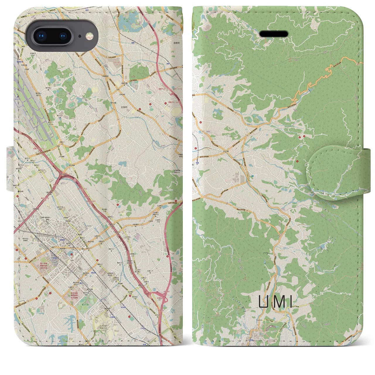 【宇美】地図柄iPhoneケース（手帳両面タイプ・ナチュラル）iPhone 8Plus /7Plus / 6sPlus / 6Plus 用