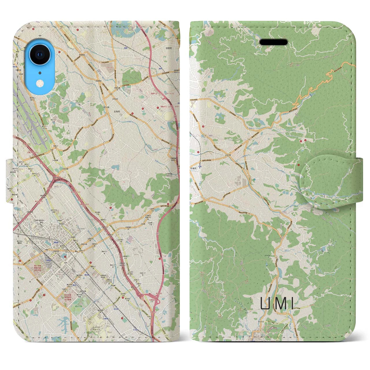 【宇美】地図柄iPhoneケース（手帳両面タイプ・ナチュラル）iPhone XR 用