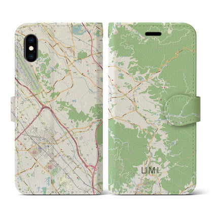 【宇美（福岡県）】地図柄iPhoneケース（手帳タイプ）ナチュラル・iPhone XS / X 用