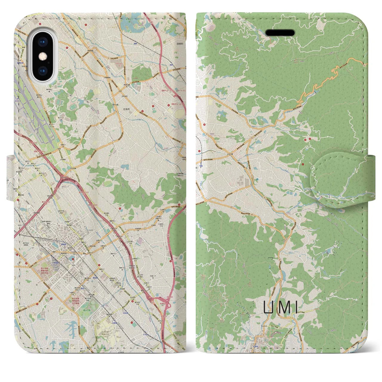 【宇美】地図柄iPhoneケース（手帳両面タイプ・ナチュラル）iPhone XS Max 用