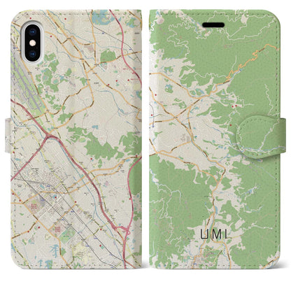 【宇美（福岡県）】地図柄iPhoneケース（手帳タイプ）ナチュラル・iPhone XS Max 用