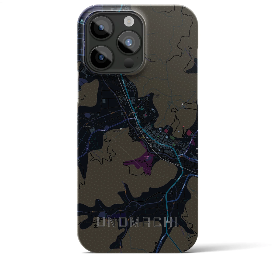 【卯之町】地図柄iPhoneケース（バックカバータイプ・ブラック）iPhone 15 Pro Max 用